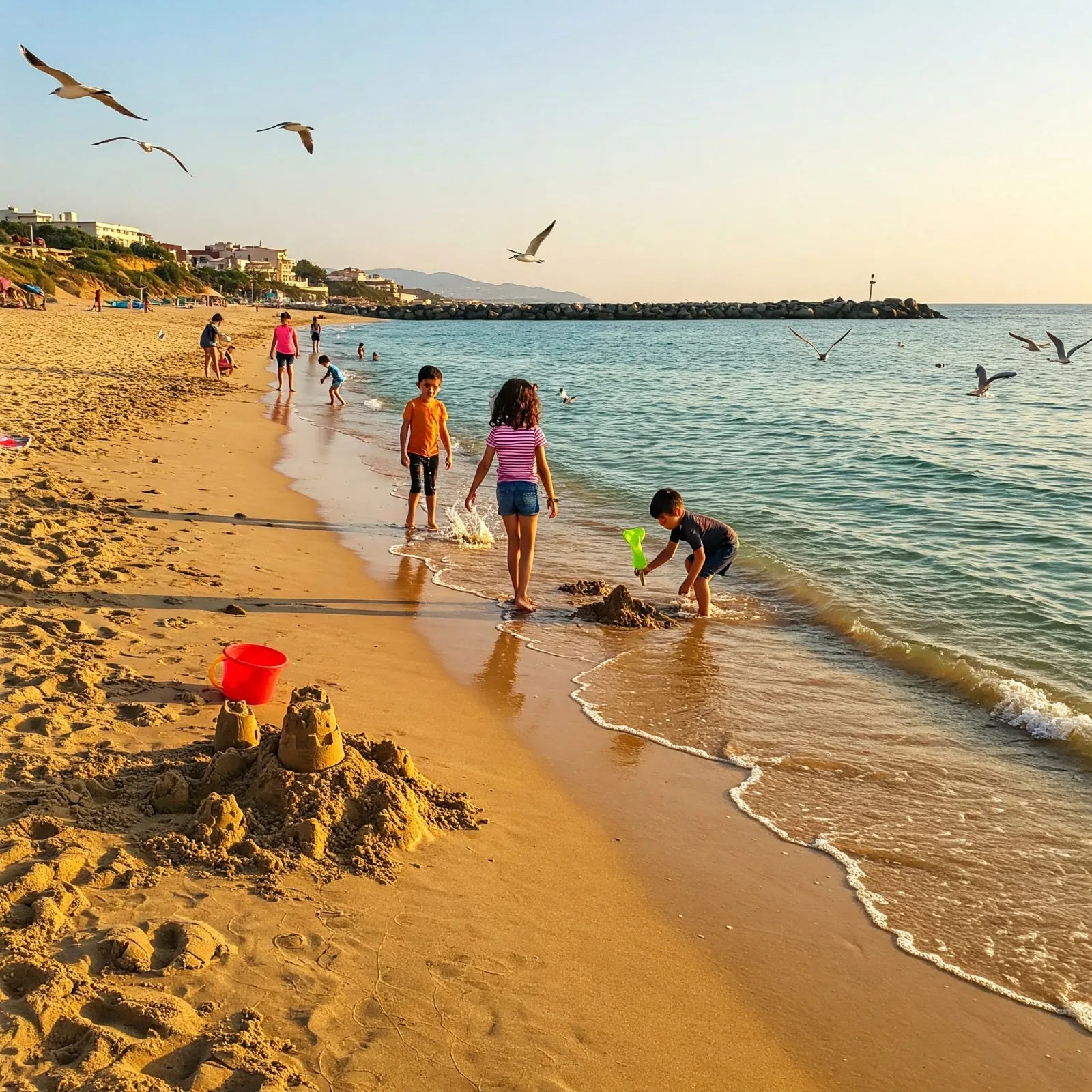 Children playing on the beach with seagulls flying overhead